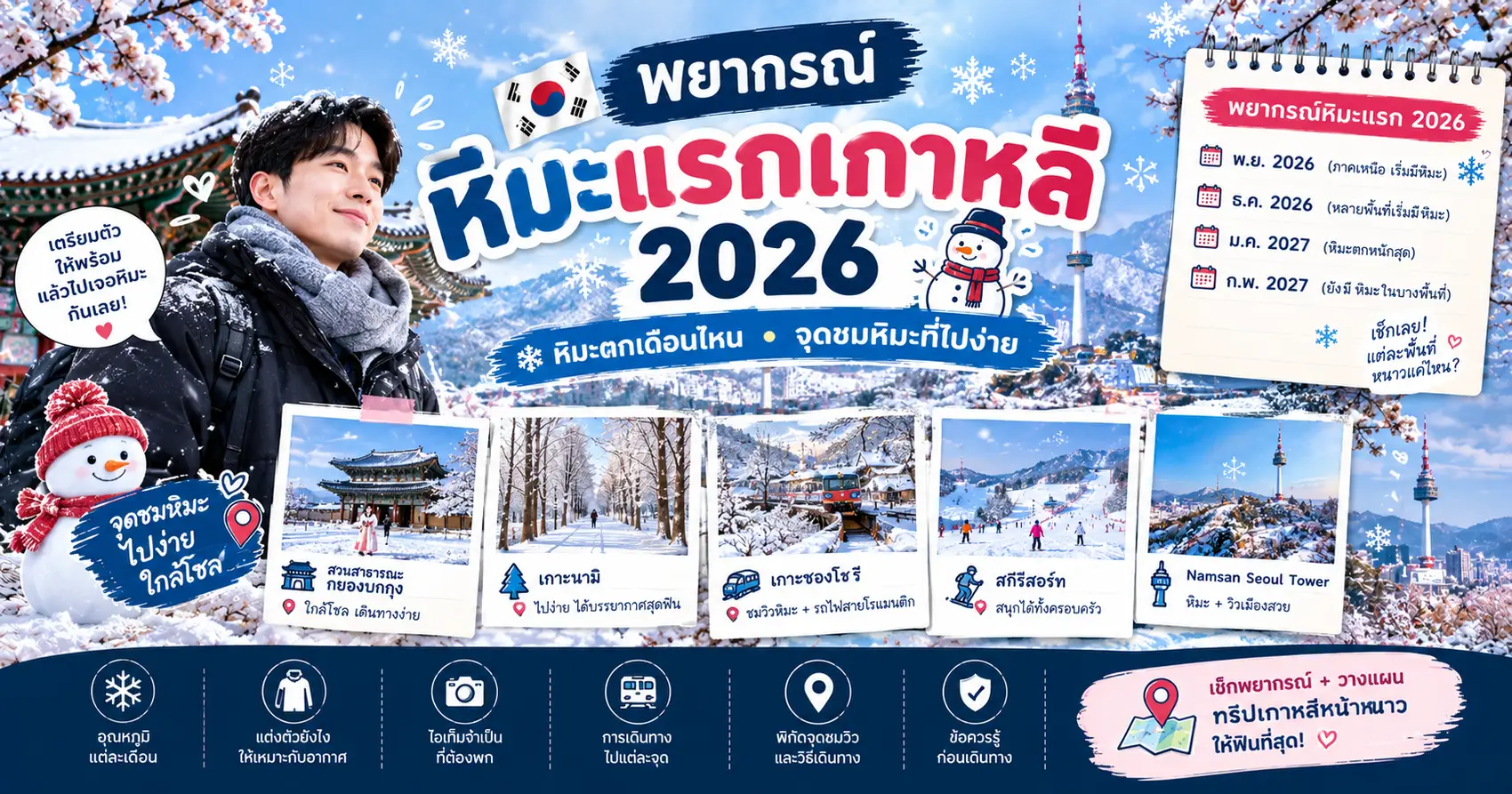 พยากรณ์หิมะแรกเกาหลี 2026: หิมะตกเดือนไหน จุดชมหิมะที่ไปง่าย